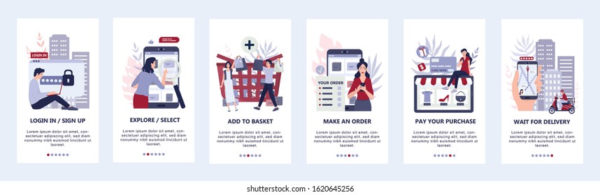 How to buy goods online instruction. Infographics for online shopping. E-commerce mobile application banner. Mobile marketing app advert and infographics. Isolated flat vector illustration