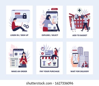 How to buy goods online instruction. Infographics for online shopping. E-commerce mobile application banner. Mobile marketing app advert and infographics. Isolated flat vector illustration set