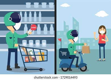 How To Buy A Grocery Store On Your Phone. Man Give A Shopping Bag To Woman. New Normal, Online Shopping  Delivery Service. Grab Food. Please Stay At Home.