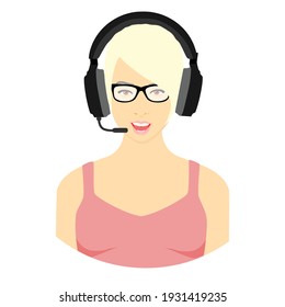 How can I help you? Beautiful call center worker in headphones are working. Vector illustration