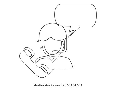 How can I help you? call center workers in headphones are working- one line continuous drawing. 