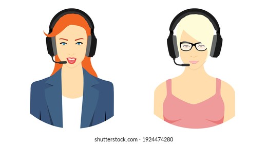 How can I help you? Two neautiful call center workers in headphones are working. Vector illustration