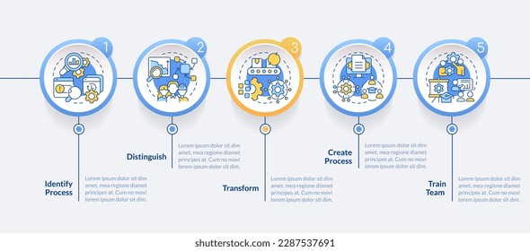 Wie können Sie die SMED Kreis-Infografik-Vorlage verwenden? Prozessverbesserung. Visualisierung von Daten in 5 Schritten. Bearbeitbare Timeline-Info-Diagramm. Workflow-Layout mit Zeilensymbole. Verwendete "Lato-Fett"-Schriftarten