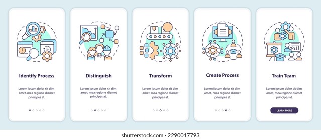 How can you use SMED onboarding mobile app screen. Process improvement walkthrough 5 steps editable graphic instructions with linear concepts. UI, UX, GUI template. Myriad Pro-Bold, Regular fonts used