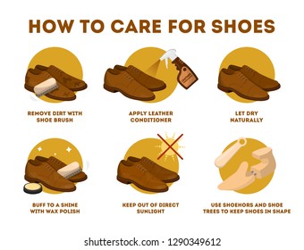 How to care for leather shoes instruction. Clean footwear regularly and use wax. Business accessory. Classic style. Vector illustration in cartoon style