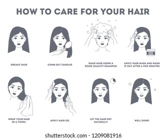 How To Care For Your Hair Instruction. Hair Treatment Procedure. Dry With Towel, Use Oil And Mask For Health. Isolated Vector Illustration