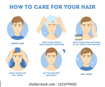 How To Care For Your Hair Instruction For Men. Hair Treatment Procedure. Dry With Towel, Use Oil And Mask For Health. Isolated Vector Illustration