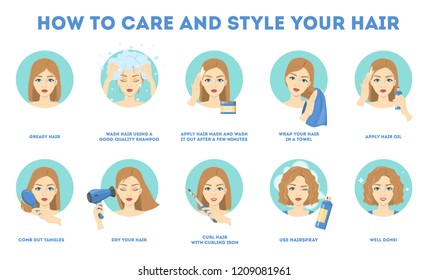 How to care for your hair and style them instruction. Hair treatment procedure. Dry with hairdryer, use oil and mask for health. Make curl with curling iron. Isolated vector illustration