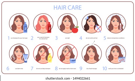 How to care for your hair tips for woman with long hair. Wash and clean using shampoo, do not comb wet hair. Isolated vector illustration in cartoon style