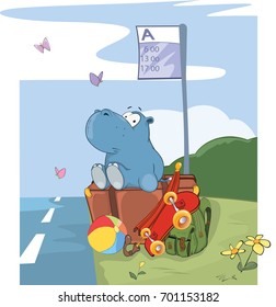 How to Catch the Car? Vector Illustration of a Cute Hippo Traveler. Cartoon Character