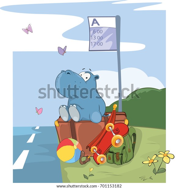 How to Catch the Car? Vector\
Illustration of a Cute Hippo Traveler. Cartoon\
Character