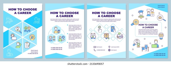 How to choose career blue brochure template. Decision after graduation. Leaflet design with linear icons. 4 vector layouts for presentation, annual reports. Arial-Black, Myriad Pro-Regular fonts used