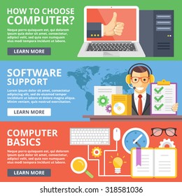 How to choose computer, software support, computer basics flat illustration concepts set. Modern flat design concepts for web banners, web sites, printed materials, infographics. Vector illustration