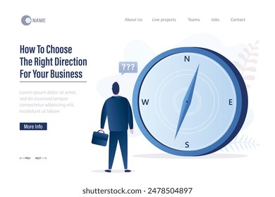 How to choose the right direction for your business, landing page template. Businessman looking at giant compass. Navigation, finding route, search for right way of business development. flat vector