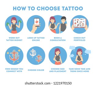 How to choose tattoo instruction. Making difficult choice. Planning budget and searching for artist. Consultation in studio with specialist, finding creative sketch. Isolated flat vector illustration