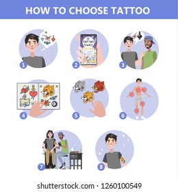 How to choose tattoo instruction. Making difficult choice. Planning budget and searching for artist. Consultation in studio with specialist, finding creative sketch. Isolated flat vector illustration