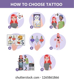 How to choose tattoo instruction. Making difficult choice. Planning budget and searching for artist. Consultation in studio with specialist, finding creative sketch. Isolated flat vector illustration