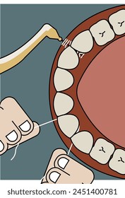 how to clean tooth with floss and  interdental brush - flat illustration 