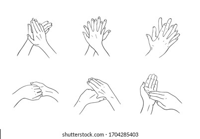 How to clean your hands properly. Rules for Disinfection and hand washing. The hygienic and medical treatment of an infection. Hand-drawn vector illustration in the Doodle style.