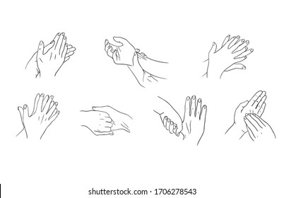 How to clean your hands properly. Rules for Disinfection and hand washing. The hygienic and medical treatment of an infection. Hand-drawn vector illustration in the Doodle style.