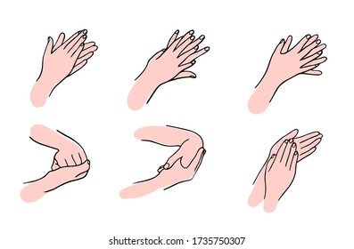 Wie Sie Ihre Hände richtig reinigen Regeln für Desinfektion und Händewaschen.Die hygienische und medizinische Behandlung einer Infektion. Handgezeichnete Vektorgrafik im Doodle-Stil.