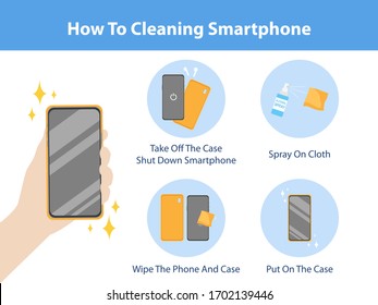 How to cleaning smartphone by spraying alcohol spray kill virus for prevent corona virus, Health care concept.