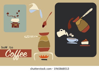 How to coffee cartoon vector illustration. Instruction How to cook coffee in a Turk. Hand coffee grinder. Fresh Cofe Serving. Ground grain. Coffee with cream, sugar cubes, dessert cheesecake. 