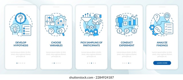 How to conduct causal research blue onboarding mobile app screen. Walkthrough 5 steps editable graphic instructions with linear concepts. UI, UX, GUI template. Myriad Pro-Bold, Regular fonts used