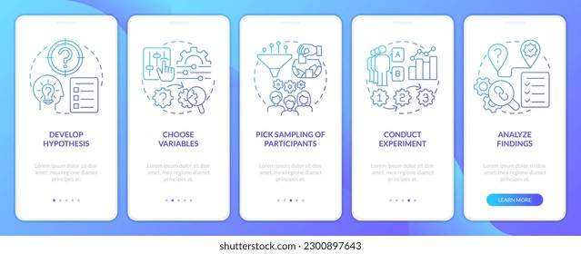 How to conduct causal research blue gradient onboarding mobile app screen. Walkthrough 5 steps graphic instructions with linear concepts. UI, UX, GUI template. Myriad Pro-Bold, Regular fonts used