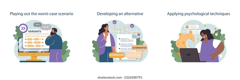 How to conduct difficult negotiation set. Business characters with opposite opinions coming up with mutual decision. Making a compromise in a difficult argument. Flat vector illustration
