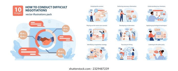 How to conduct difficult negotiation set. Business characters with opposite opinions coming up with mutual decision. Making a compromise in a difficult argument. Flat vector illustration