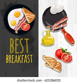 How to cook the best quick breakfast. In the frying pan fried eggs and bacon. Toast and tomato lie beside