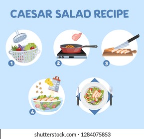 How To Cook Caesar Salad At Home. Easy Recipe For Tasty Homemade Food. Chicken And Lettuce Ingredients. Healthy Fresh Nutrition. Isolated Flat Vector Illustration