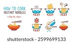 How to cook instant noodles. Dried noodle block manual with boiling water in pot, adding ramen and spices, cooking time guide. Step by step fast ramen hot meal instruction vector illustration.