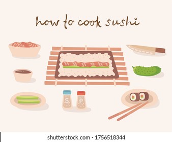 How to cook a japanese traditional cuisine illustration with kitchen utensils, ingredients. Vector illustration in flat style