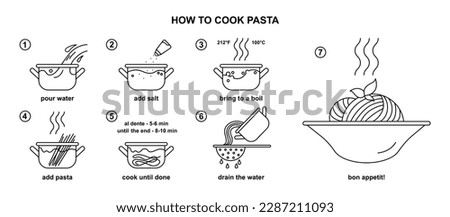 How to cook pasta. Simple cooking instruction for spaghetti. Noodle recipe. Italian meal preparation process with black and white icons. Flat vector illustration 商業照片 © 