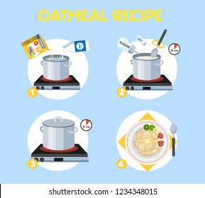 How to cook porridge with few ingredients easy recipe. Instruction on oatmeal making process for breakfast. Hot bowl with tasty food. Isolated flat vector illustration