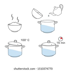 How to cook rice with few ingredients easy recipe. Instruction on rice making process for breakfast. Hot bowl with tasty food. 
