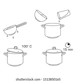 How to cook rice with few ingredients easy recipe. Instruction on rice making process for breakfast. Hot bowl with tasty food. 