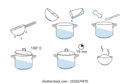 How to cook rice with few ingredients easy recipe. Instruction on rice making process for breakfast. Hot bowl with tasty food. 