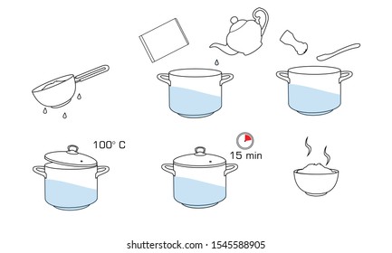 How to cook rice with few ingredients easy recipe. Instruction on rice making process for breakfast. Hot bowl with tasty food. 