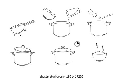 How to cook rice with few ingredients easy recipe. Instruction on rice making process for breakfast. Hot bowl with tasty food. 