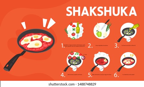 How to cook shakshuka in frying pan. Morning tasty meal with egg, tomato and pepper. Delicious traditional food. Lunch or dinner dish. Vector illustration in cartoon style
