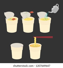 how to cook spicy instant noodles cup kawaii flat cartoon vector illustration