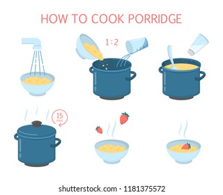 How to cook tasty delicious porridge with straberry instruction. Step-by-step guide to traditional healthy breakfast making. Isolated flat vector illustration