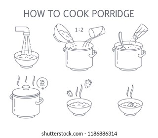 How to cook tasty delicious porridge with straberry instruction. Step-by-step guide to traditional healthy breakfast making. Easy recipe. Isolated flat line vector illustration