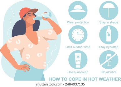 How to cope in hot weather concept. Woman drinking water character with icons set. Flat vector illustration