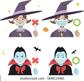 How to correctly wear a mask during Halloween. Protecting yourself from coronavirus. A witch and a vampire show how to wear a mask.