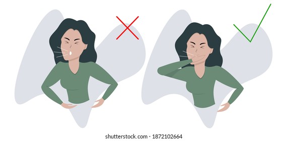 Cómo toser correctamente y no correctamente. Comparación. La chica enferma está tosiendo. Ilustración del vector