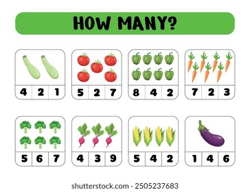 How many? Count how many vegetables there are and choose the correct number. Printable sheet vector illustration